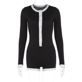Color Contrast Patchwork Long Sleeve Jumpsuit round Neck Button Slim Shorts